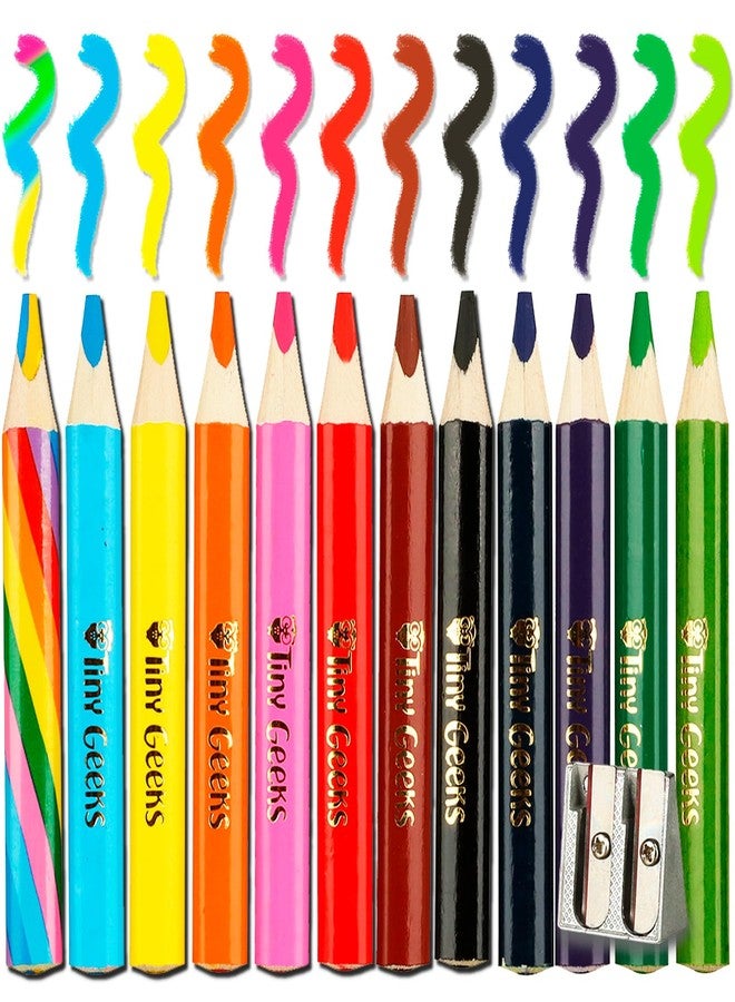 TinyGeeks Jumbo Pencils - NEW -12 Triangle Short Colored Pencils for Kids and Rainbow Pencil + Sharpener - Perfect for Preschool, Toddlers and Beginners + Recommended by Teachers & Experts - Image 1